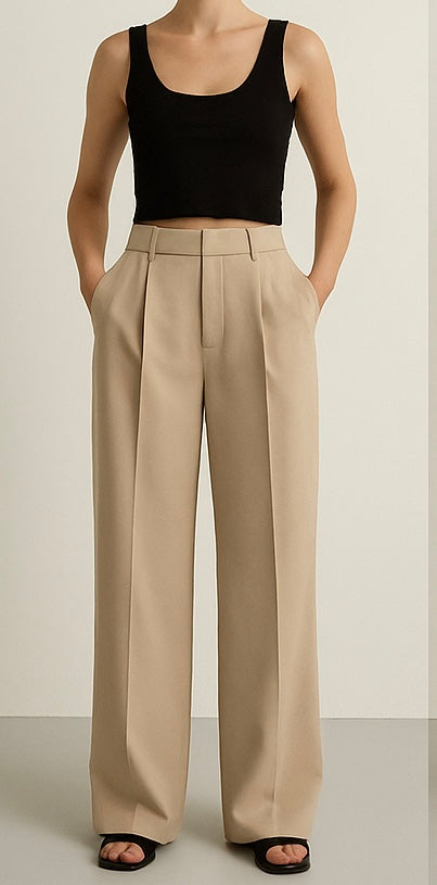 VSA Clothing Article 9025 Women High-Waist Wide-Leg Trousers Neutral beige.