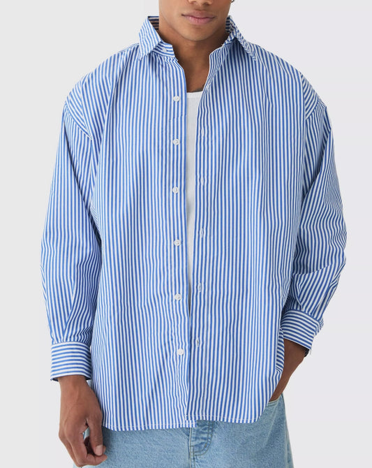 VSA Clothing Article 9027  OVERSIZED STRIPED LONG SLEEVE SHIRT IN BLUE